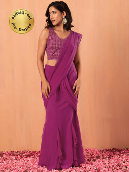 Indya - Purple Ready To Wear Saree with Sequin Embroidered with Stitched Blouse