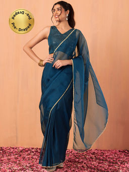 Indya - Teal Blue Ready To Wear Silk Saree Without Blouse