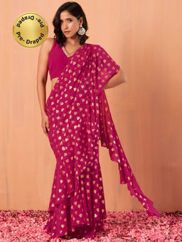 Indya - Dark Pink Foil Print Ready To Wear Stitched Ruffled Saree Without Blouse