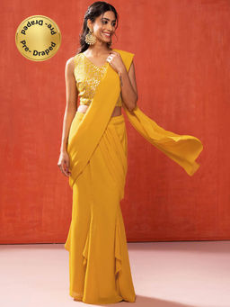 Indya - Yellow Ready To Wear Saree with Sequin Thread Embroidered Blouse