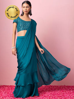 Indya - Teal Ready to Wear Saree with Sequin Embroidered Stitched Blouse
