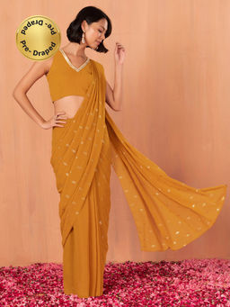 Indya - Orange Foil Print Ready to Wear Saree with Stitched Blouse