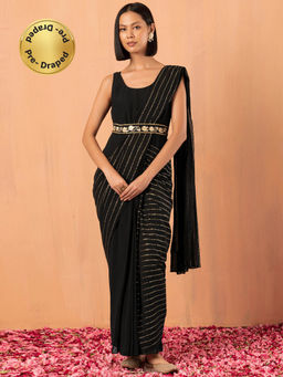 Indya - Black Foil Striped Print Ready to Wear Saree with Attached Stitched Blouse and Belt