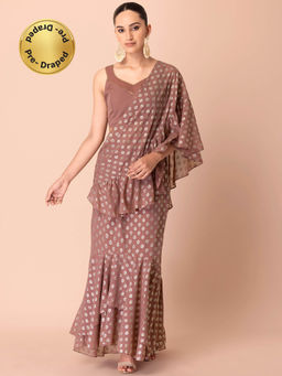 Indya - Dusty Brown Foil Print Ready To Wear Saree without Blouse