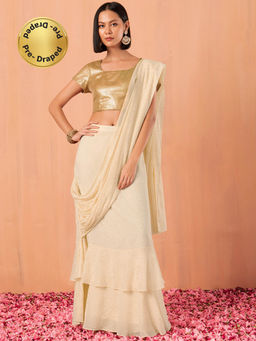 Indya - Off White Foil Print Ready To Wear Saree without Blouse