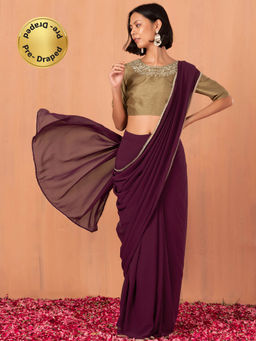 Indya - Wine Scallop Border Ready To Wear Saree without Blouse