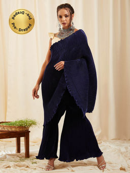 InWeave - Navy Blue Pleated Sharara Saree with Unstitched Blouse (S)