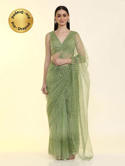 Jaipur Kurti - Ready To Wear Embellished Organza Saree Green with Unstitched Blouse