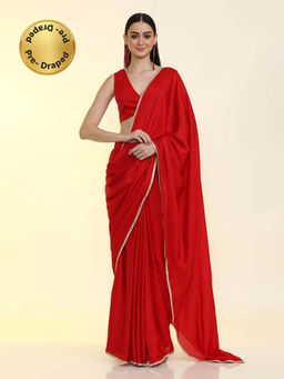 Jaipur Kurti - Ready To Wear Silk Blend Solid Saree Red with Unstitched Blouse