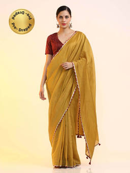 Jaipur Kurti - Ready To Wear Chanderi Solid Saree Mustard with Unstitched Blouse