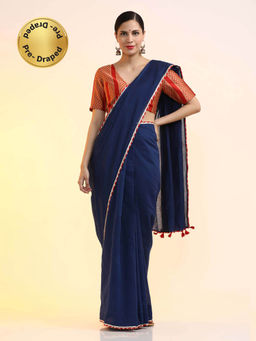 Jaipur Kurti - Ready To Wear Chanderi Solid Saree Navy Blue with Unstitched Blouse