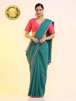 Jaipur Kurti - Ready To Wear Chanderi Solid Saree Green with Unstitched Blouse