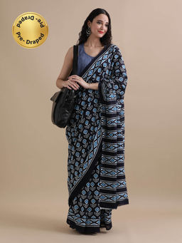 Jaipur Kurti - Ready To Wear Navy Blue Mulmul Cotton Floral Printed Saree with Unstitched Blouse