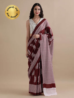 Jaipur Kurti - Ready To Wear Maroon Mulmul Cotton Floral Printed Saree with Unstitched Blouse