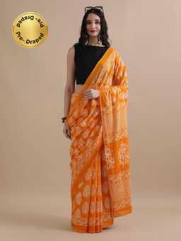 Jaipur Kurti - Ready To Wear Orange Mulmul Cotton Floral Printed Saree with Unstitched Blouse