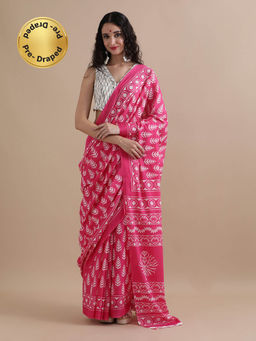 Jaipur Kurti - Ready To Wear Pink Mulmul Cotton Floral Printed Saree with Unstitched Blouse