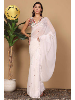 Kaanchie Nanggia - White Embroidered Pre-Wrapped Saree with Stitched Blouse