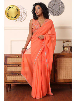 Kaanchie Nanggia - Peach Embroidered Pre-Wrapped Saree with Stitched Blouse