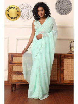 Kaanchie Nanggia - Turquoise Embroidered Pre-Wrapped Saree with Stitched Blouse