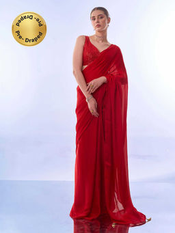 Kalista Fashion - Red Solid Pre-Drapped Saree with Unstiched Blouse
