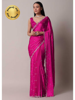 KALKI FASHION - Rani Pink Satin Chinon Pre-Draped Saree with Scallop Border & Unstitched Blouse