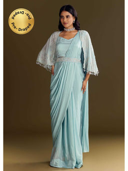 KALKI FASHION - Sky Blue Chinon Pre-Draped Saree With Cape Stitched Blouse And Belt