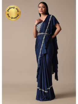 KALKI FASHION - Navy Blue Frill Pre-Drape Saree With Stitched Blouse and Belt