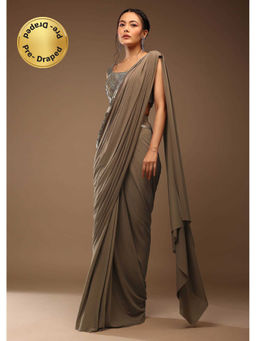 KALKI FASHION - Taupe Solid Pre-Drape Saree with Stitched Blouse