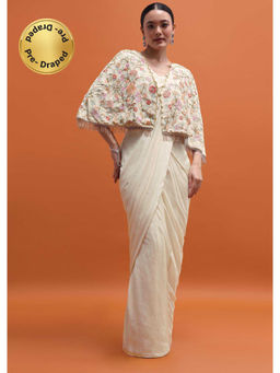 KALKI FASHION - Cream Chiffon Solid Pre-Drape Saree with Stitched Blouse and Embroidered Cape