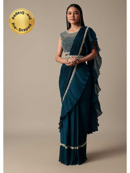 KALKI FASHION - Chic Teal Pre-Drape Saree with Stitched Blouse and Belt