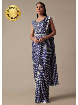 KALKI FASHION - Navy Blue Printed Pre-Drape Saree with Stitched Blouse and Belt