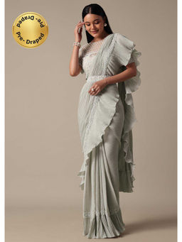 KALKI FASHION - Grey Solid Pre-Drape Saree with Embellished Stitched Blouse and Belt