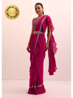 KALKI FASHION - Magenta Pink Pre-Drape Frill Saree with Stitched Blouse and Belt