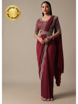 KALKI FASHION - Maroon Pre-Drape Saree with Embellished Stitched Blouse and Belt