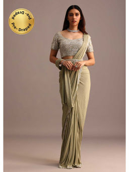 KALKI FASHION - Pista Green Pre-Draped Saree with Embellished Stitch Blouse and Belt