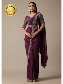 KALKI FASHION - Wine Pre-Drape Saree with Embellished Stitched Blouse and Belt