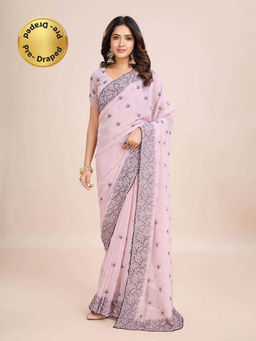 Kasee - Lavender Embroidered Pre-Drapped Saree with Unstitched Blouse