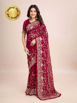 Kasee - Wine Embroidered Pre-Drapped Saree with Unstitched Blouse