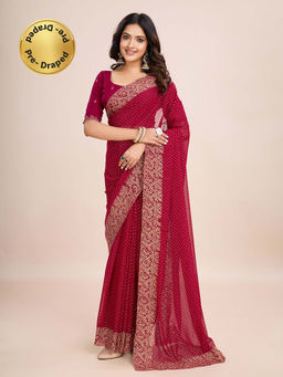 Kasee - Wine Embroidered Pre-Drapped Saree with Unstitched Blouse