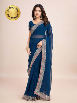Kasee - Blue Embroidered Pre-Drapped Saree with Unstitched Blouse