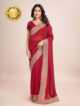 Kasee - Red Embroidered Pre-Drapped Saree with Unstitched Blouse