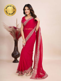 Kasee - Red Embroidered Pre-Drapped Saree with Unstitched Blouse