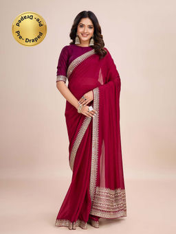 Kasee - Wine Embroidered Pre-Drapped Saree with Unstitched Blouse