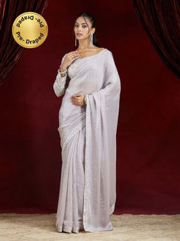 Kasee - Women Grey Designer Pre-Draped Saree with Unstitched Blouse