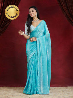 Kasee - Women Blue Silk Pre-Draped Saree with Unstitched Blouse
