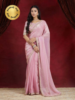 Kasee - Women Pink Silk Pre-Draped Saree with Unstitched Blouse