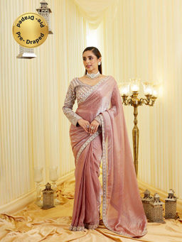 Kasee - Women Rust Pre-Drape Saree with Unstitched Blouse