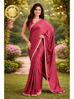 KAYOMMI - Women Wine Satin Solid Pre Draped Saree with Unstitched Blouse