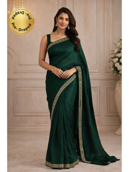 KAYOMMI - Women Green Satin Solid Pre Draped Saree with Unstitched Blouse