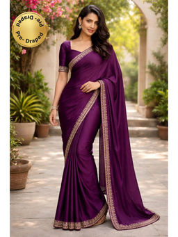 KAYOMMI - Women Purple Satin Embroidered Pre Draped Saree with Unstitched Blouse